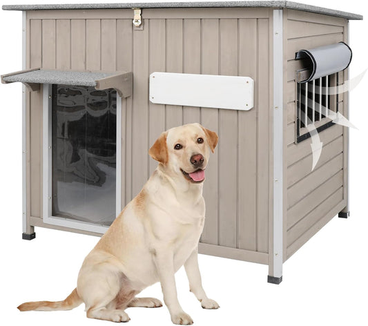 Dog House Outdoor Weatherproof & Wooden Dog Kennel with Chew-Proof Iron Frame，Removable Floor, Adjustable Vent Window, Easy Assembly for Large and Medium Dogs 43.3" D x 29.5" W x 33.5" H - Pet Explorer