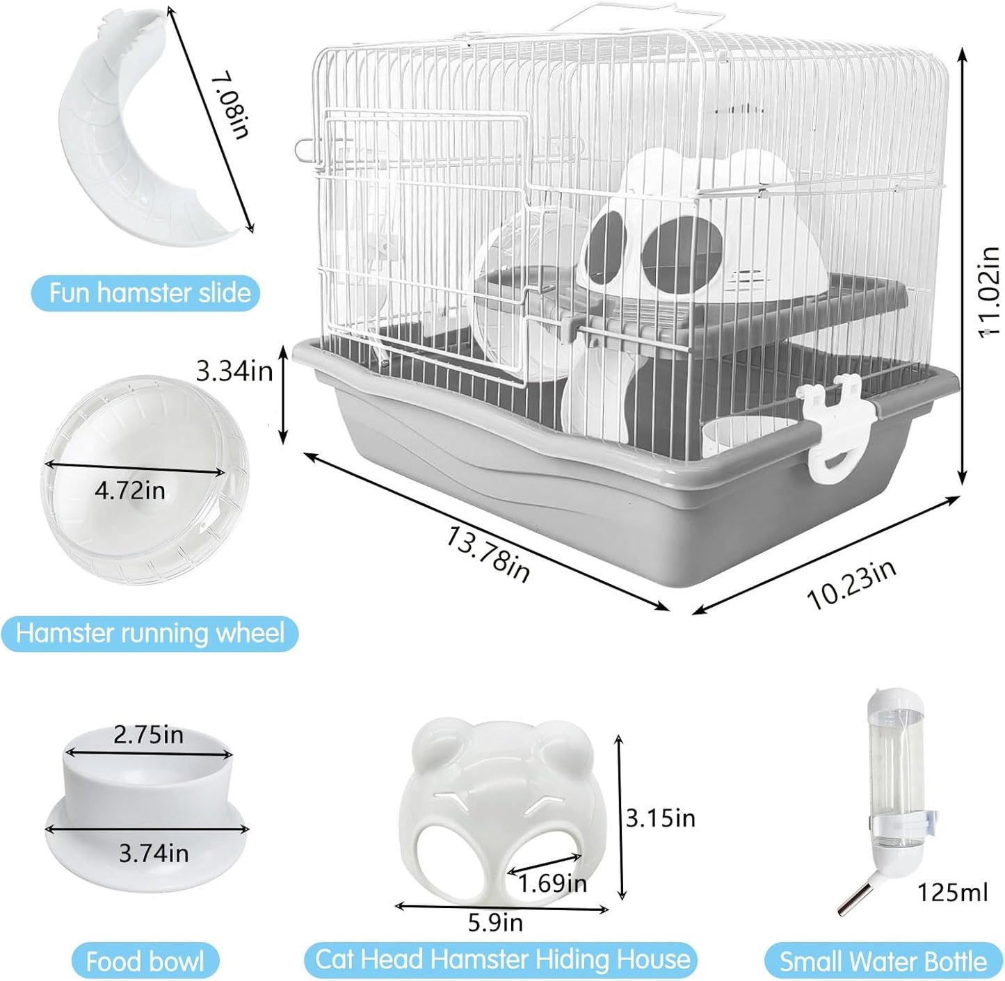 PINVNBY Dwarf Hamster Cage, Small Animal Cages, 2-Tier Travel Portable Mouse Cage Hamster Carrier with Castle House Running Exercise Wheels, Water Bottle and Food Dis（Gray） - Pet Explorer