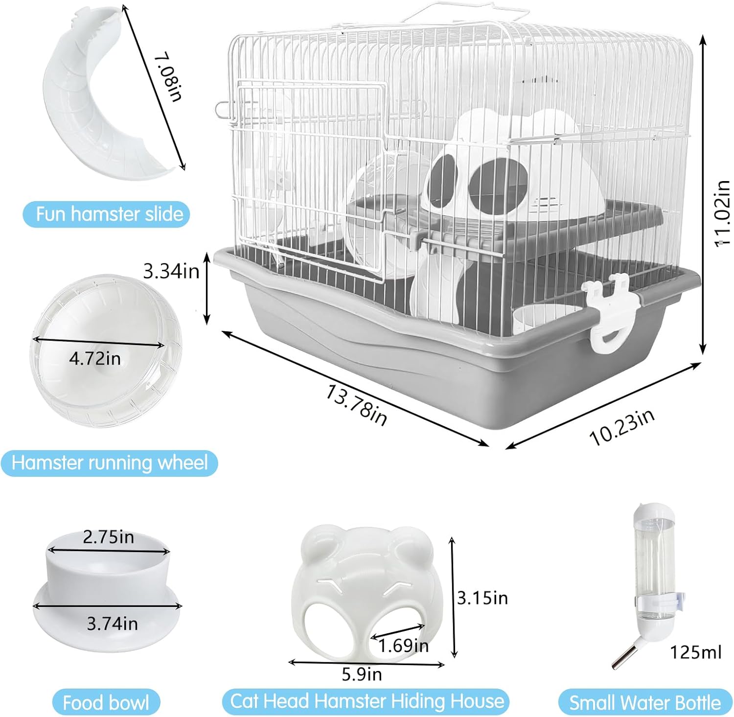 PINVNBY Dwarf Hamster Cage, Small Animal Cages, 2-Tier Travel Portable Mouse Cage Hamster Carrier with Castle House Running Exercise Wheels, Water Bottle and Food Dis（Gray） - Pet Explorer