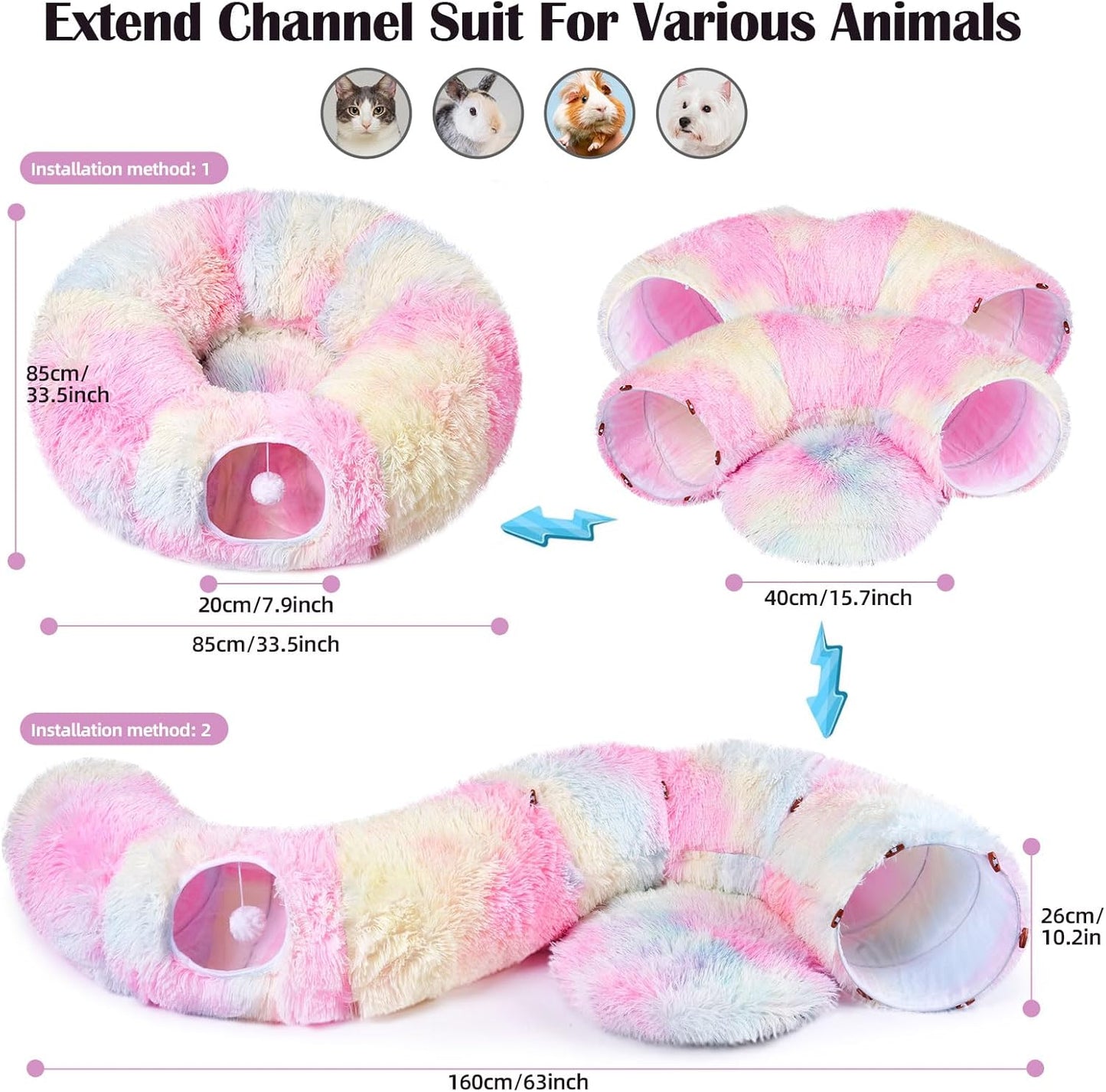 Odoland Cat Tunnels Bed with 20 Cat Toys for Indoor Cats, Plush Cat Couch Tunnel Bed for Kitten, Cat Cave Donut Tunnel - Detachable Soft Cat Bed and Variety Kitty Toy Set, Pink - Pet Explorer