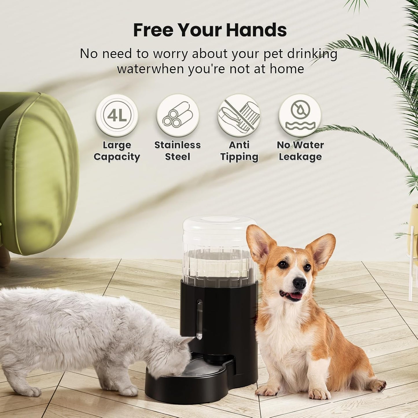 CZPET Automatic 4L/135Oz/1Gal Cat Water Dispenser with Stainless Steel Bowl, Gravity Waterer for Small Medium Dog Puppy Kitten (Black) - Pet Explorer