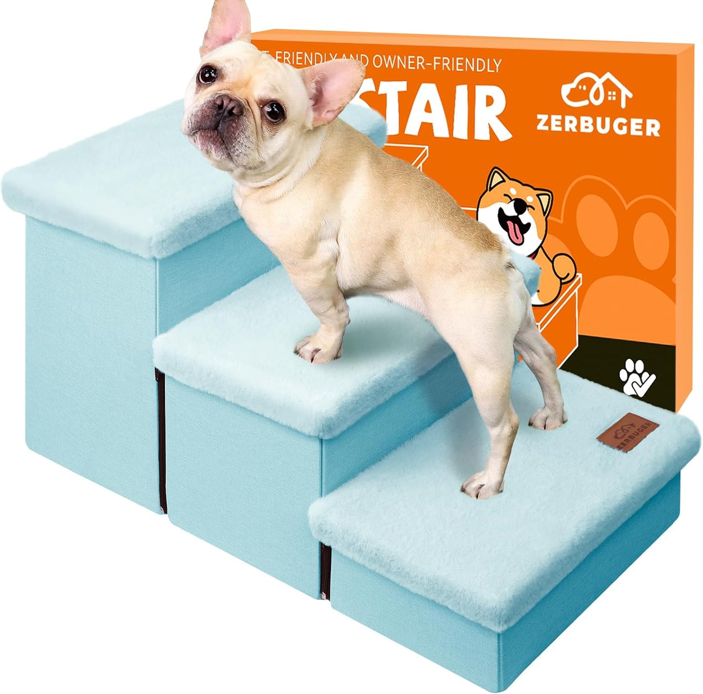 Dog Stairs with Furry Lids 18" H, 3-Step Wider Dog Steps with Storage for Small/Medium/Large Old Dogs Cats, Folding Sturdy Pet Stairs Climbing Bed Couch, Ramp for Car Up to 200 lbs, Baby Blue - Pet Explorer