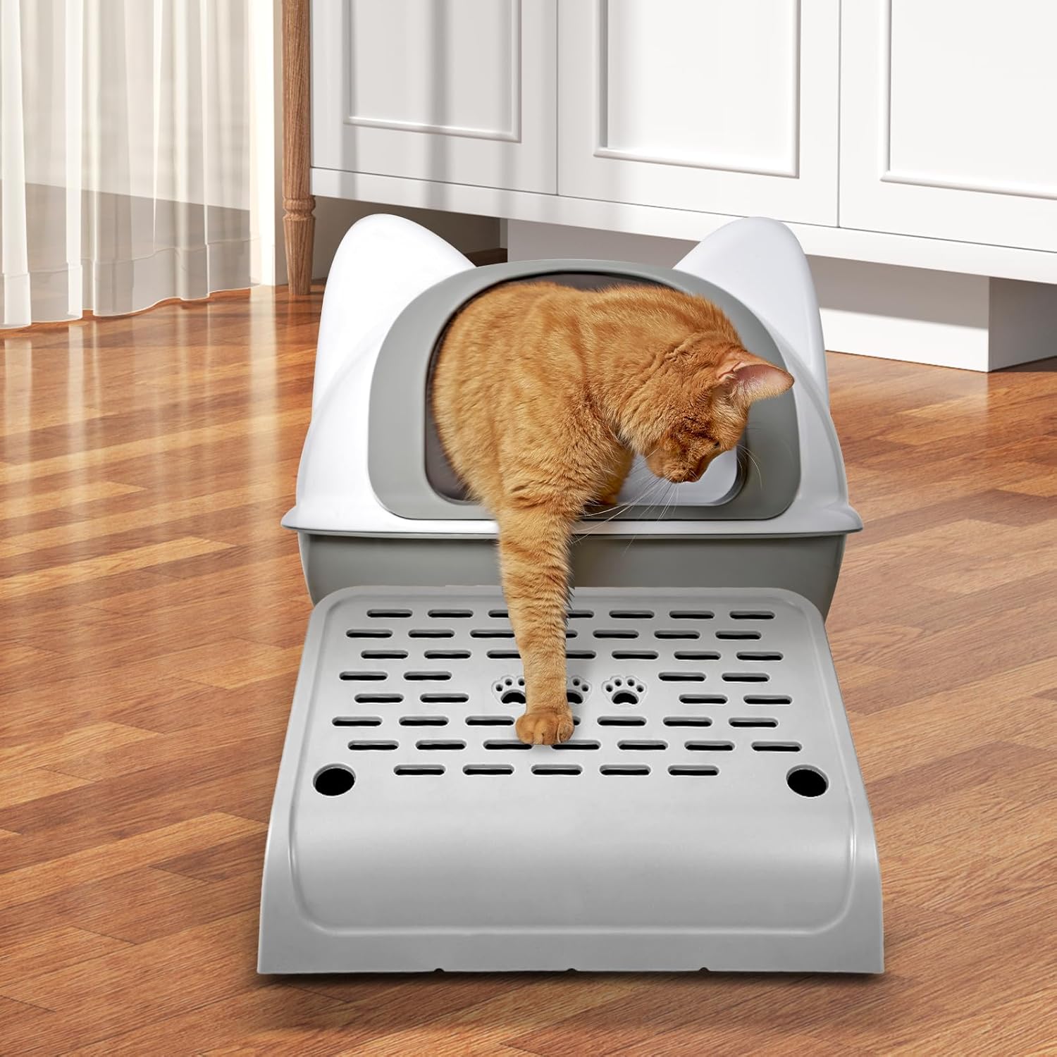 Cat Ramp for Litter Box Step, Stainless Steel Automatic Litter Box Ramp Cat Steps Mat with Filter Function, Double Layered Self Cleaning Cat Stairs with Storage Space for Litter Catcher (Grey) - Pet Explorer