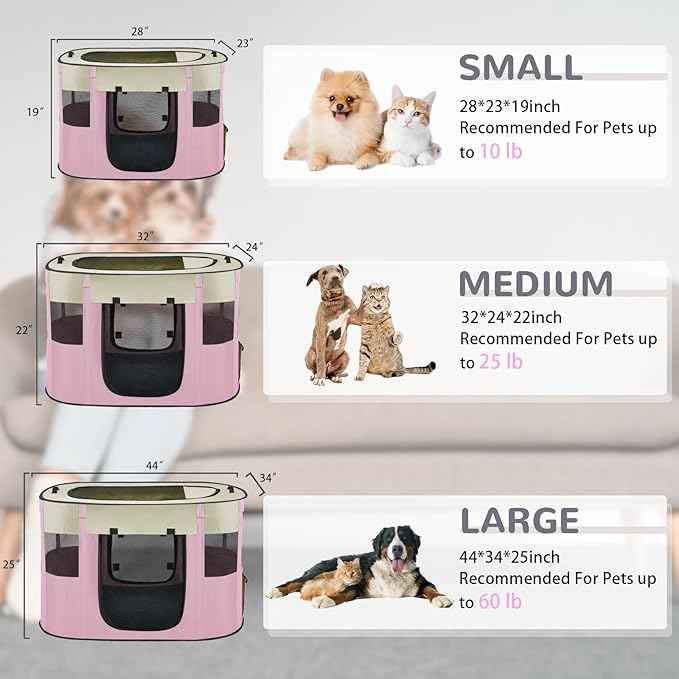 Pet Dog Cat Playpen with Waterproof Pad,Portable Puppy Kitten Rabbit Crate and Other Small Animals Kennel Cage Tent for Indoor Outdoor Travel Camping,Water-Resistant Breathable Shade Cover (Pink S)