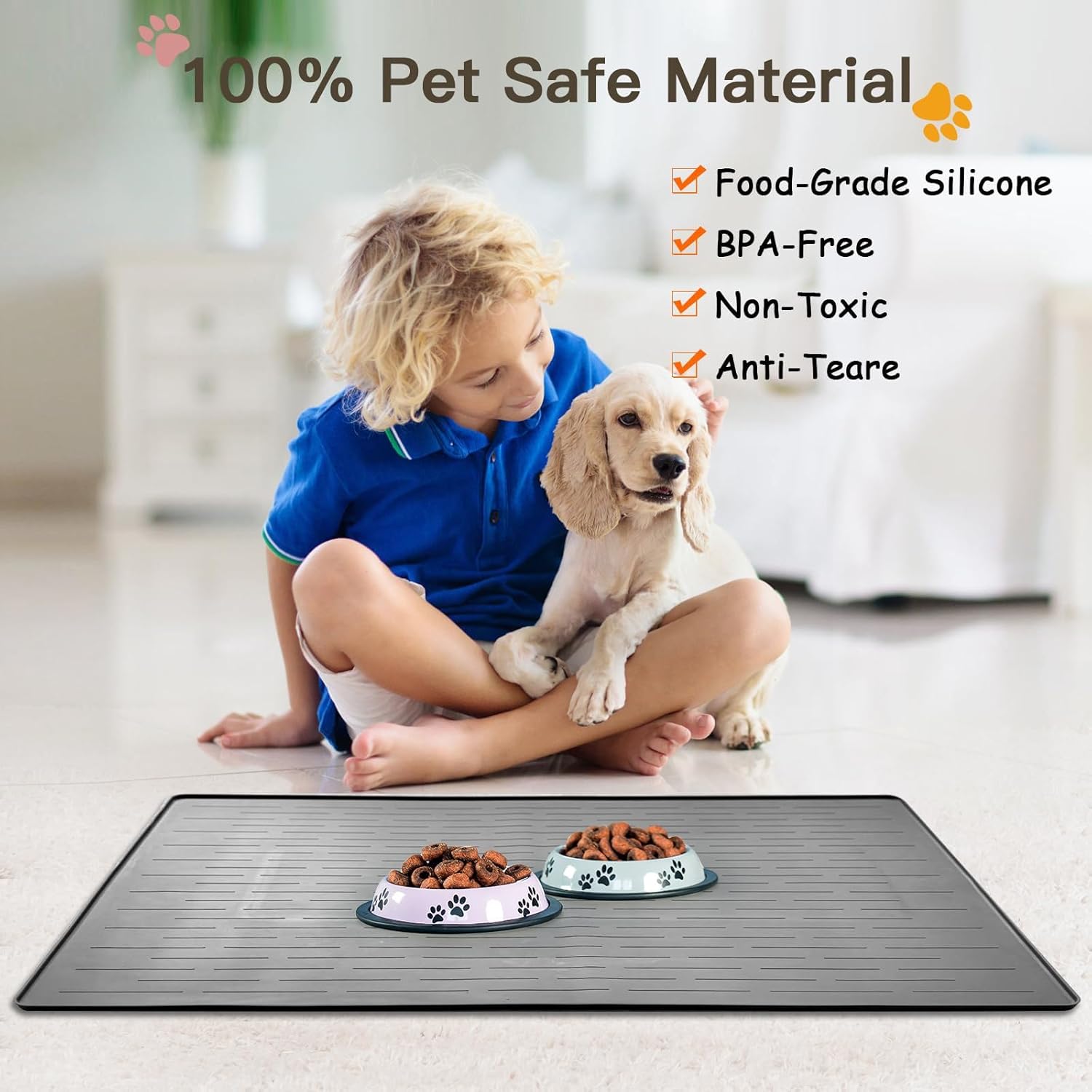 Large Dog Mats for Food and Water, 40"x30" Waterproof Pet Food Mats for Floor Nonslip Silicone Bowl Mats with Raised Edges - Pet Explorer