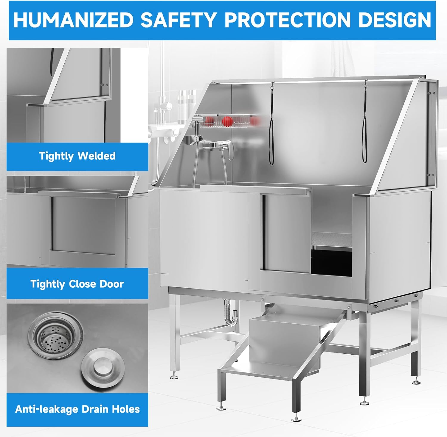 Dog Washing Station 50" Dog Grooming Tub with Right Stair& Faucet, Stainless Steel Dog Bathing Station for Home,Dog Bathtub for Large,Medium,Small Pets - Pet Explorer