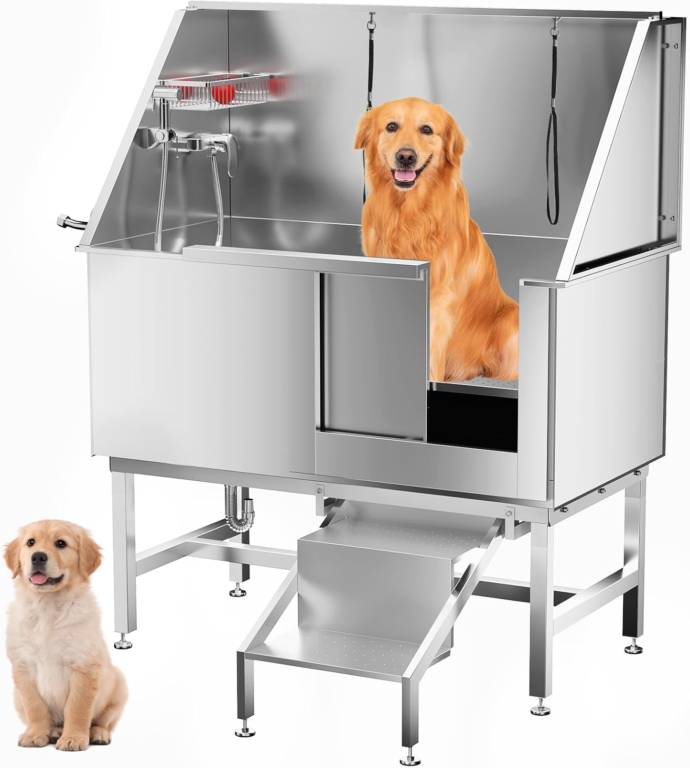 Dog Washing Station 50" Dog Grooming Tub with Right Stair& Faucet, Stainless Steel Dog Bathing Station for Home,Dog Bathtub for Large,Medium,Small Pets - Pet Explorer