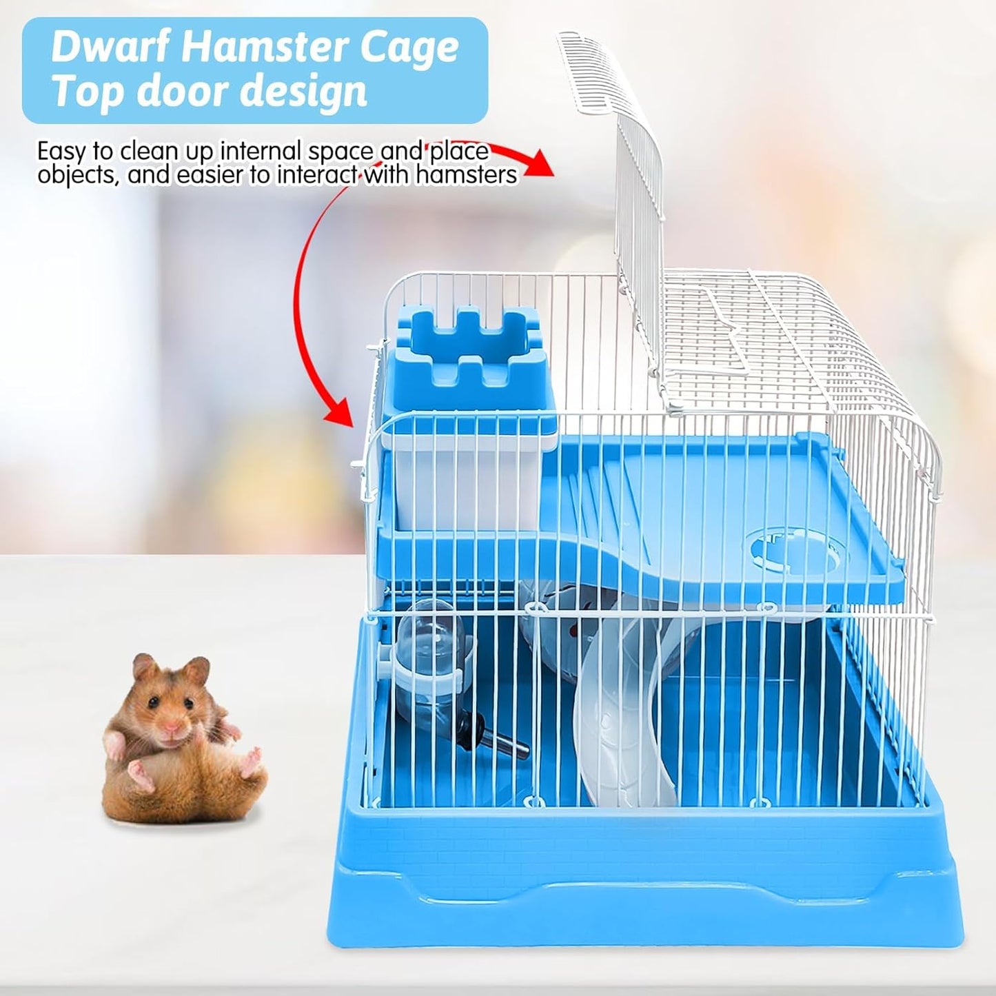 PINVNBY 2-Tier Dwarf Hamster Cage, Travel Portable Mouse Cage Gerbil Cages and Habitats Small Animal Carrier with Castle House Running Exercise Wheels, Water Bottle and Food Dish(Gray) - Pet Explorer