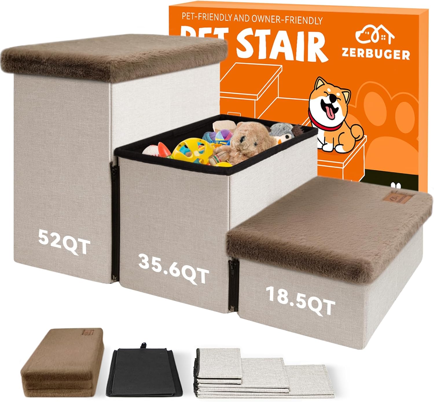 Dog Stairs with Furry Lids 18" H, 3-Step Wider Dog Steps with Storage for Small/Medium/Large Old Dogs Cats, Folding Sturdy Pet Stairs Climbing Bed Couch, Ramp for Car Up to 200 lbs, Khaki - Pet Explorer