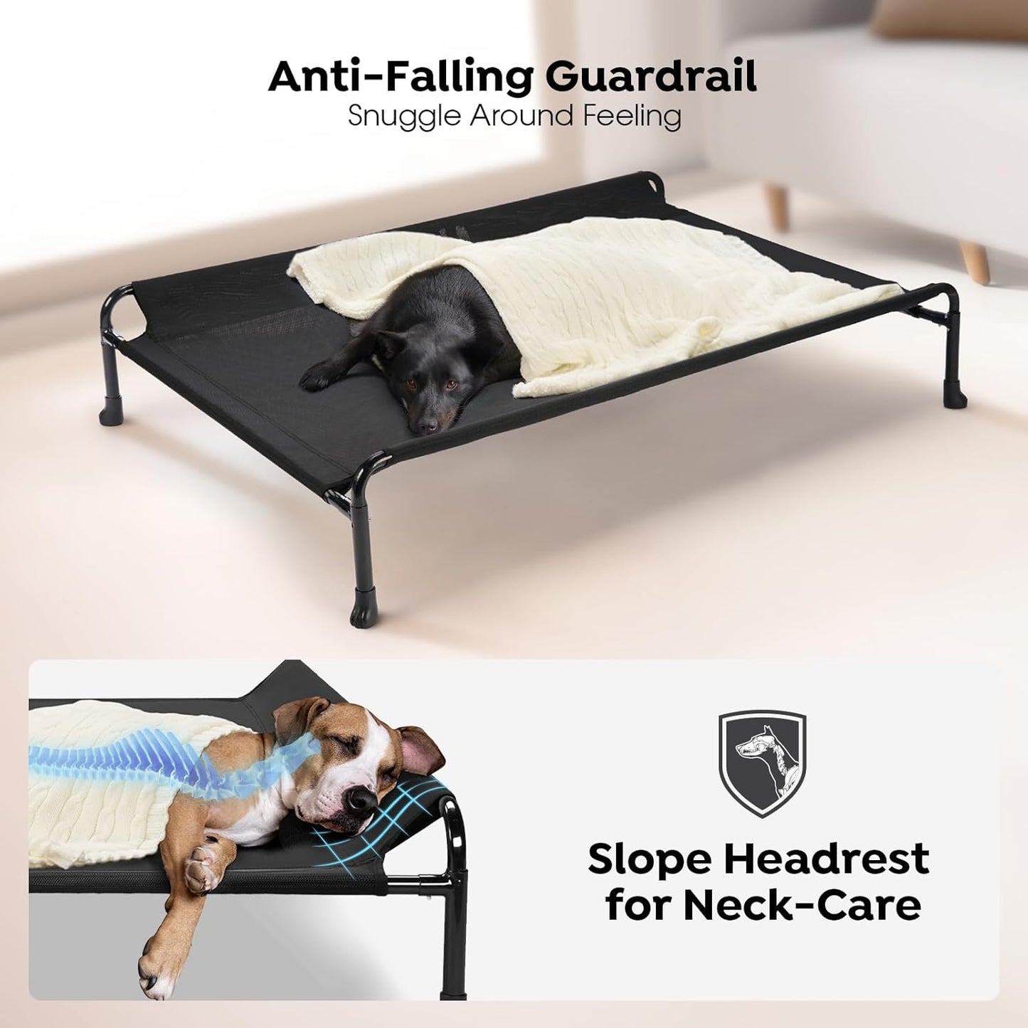 Veehoo Elevated Dog Bed, Cooling Raised Dog Bed with Guardrail & Headrest, Upgraded Non-Slip Silicon Feet, Breathable Teslin Mesh, Portable Pet Cot for Indoor and Outdoor, 35 x 22 Inches, Black - Pet Explorer