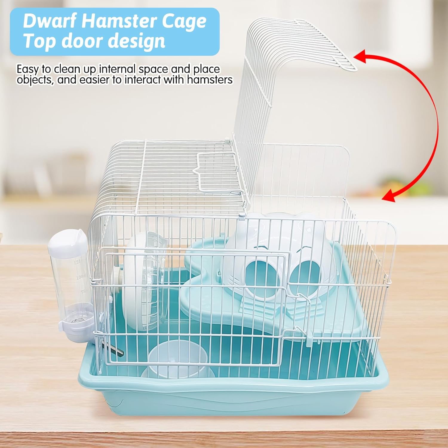 PINVNBY Dwarf Hamster Cage, Small Animal Cages, 2-Tier Travel Portable Mouse Cage Hamster Carrier with Castle House Running Exercise Wheels, Water Bottle and Food Dis（Blue） - Pet Explorer