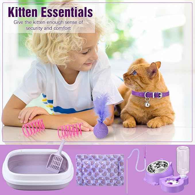 Eccliy Kitten Starter Kit, 10 Pcs Cat Starter Kit for Indoor Cats Kitten Essentials Includes Litter Box, Pet Toy, Folding Carrier, Climbing Frame, Mat, Collar, Automatic Food Bow(Cute,Purple)