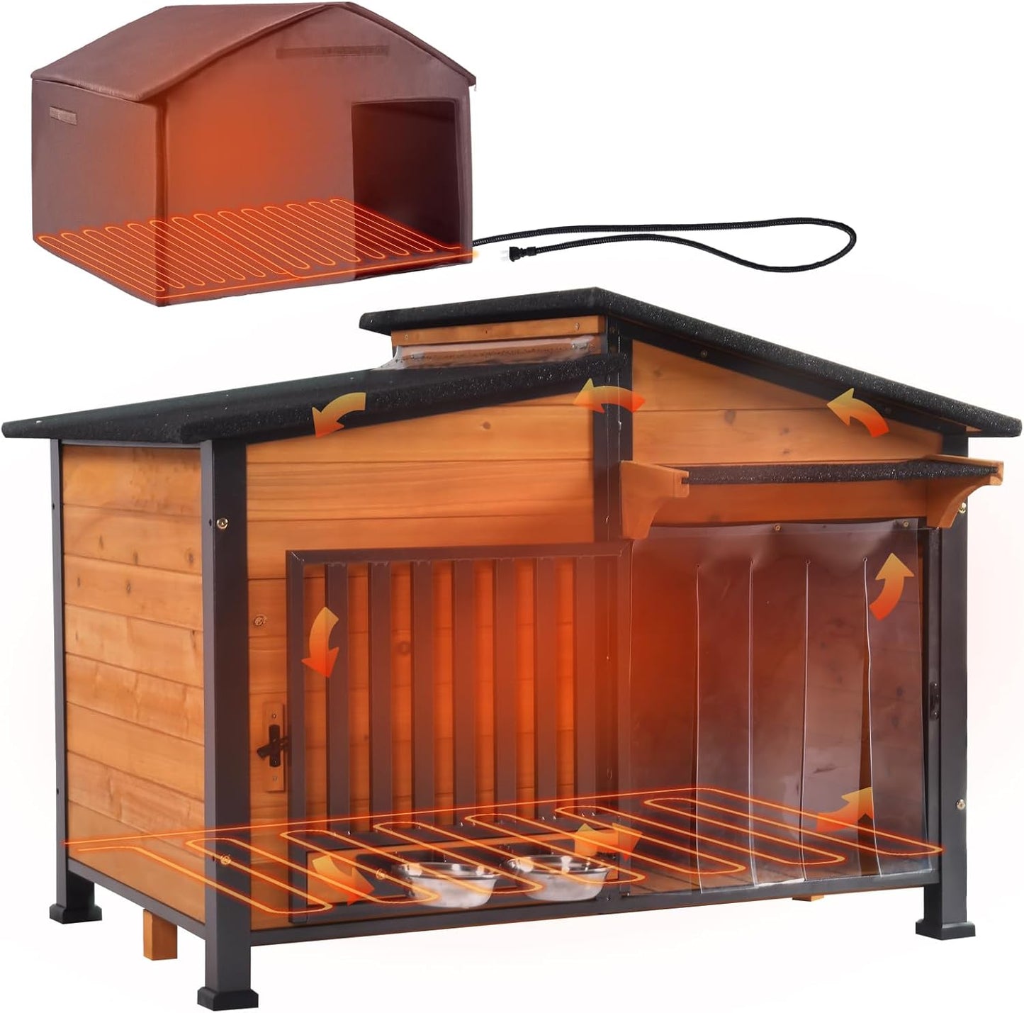 GUTINNEEN Heated Dog House Outdoor Dog Kennel with Safe Heated Pad, Chew-Proof Metal Frame and Rotating Food Bowl for Small to Medium Dogs, 39.7"x25.5"x32.2" (Dark Brown) - Pet Explorer