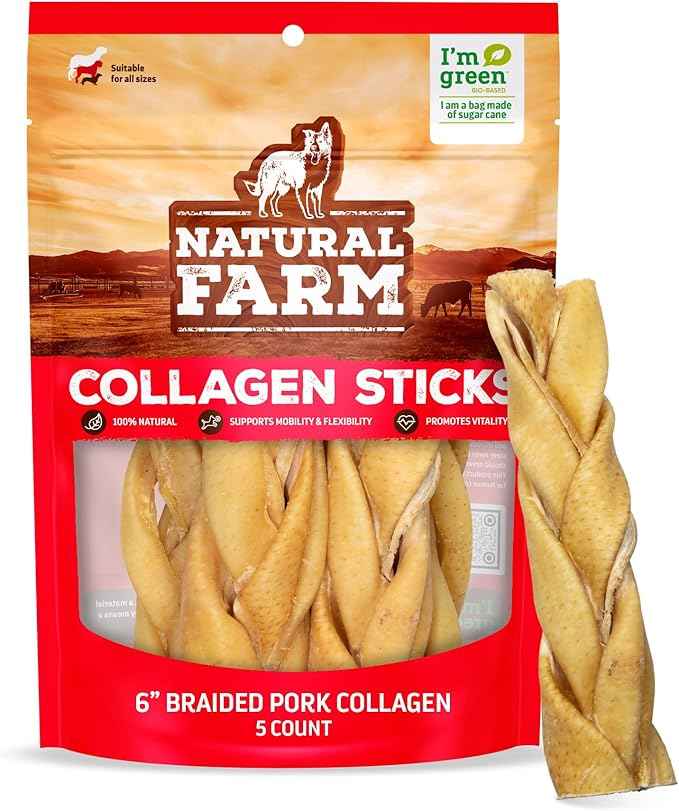 Natural Farm Braided Pork Collagen Dog Chews (5 Pack), Flavorful Braided Pork Collagen Sticks, Natural Dog Chews, Long Lasting, for Small, Medium, and Large Dogs, Odor-Free Rawhide Alternative