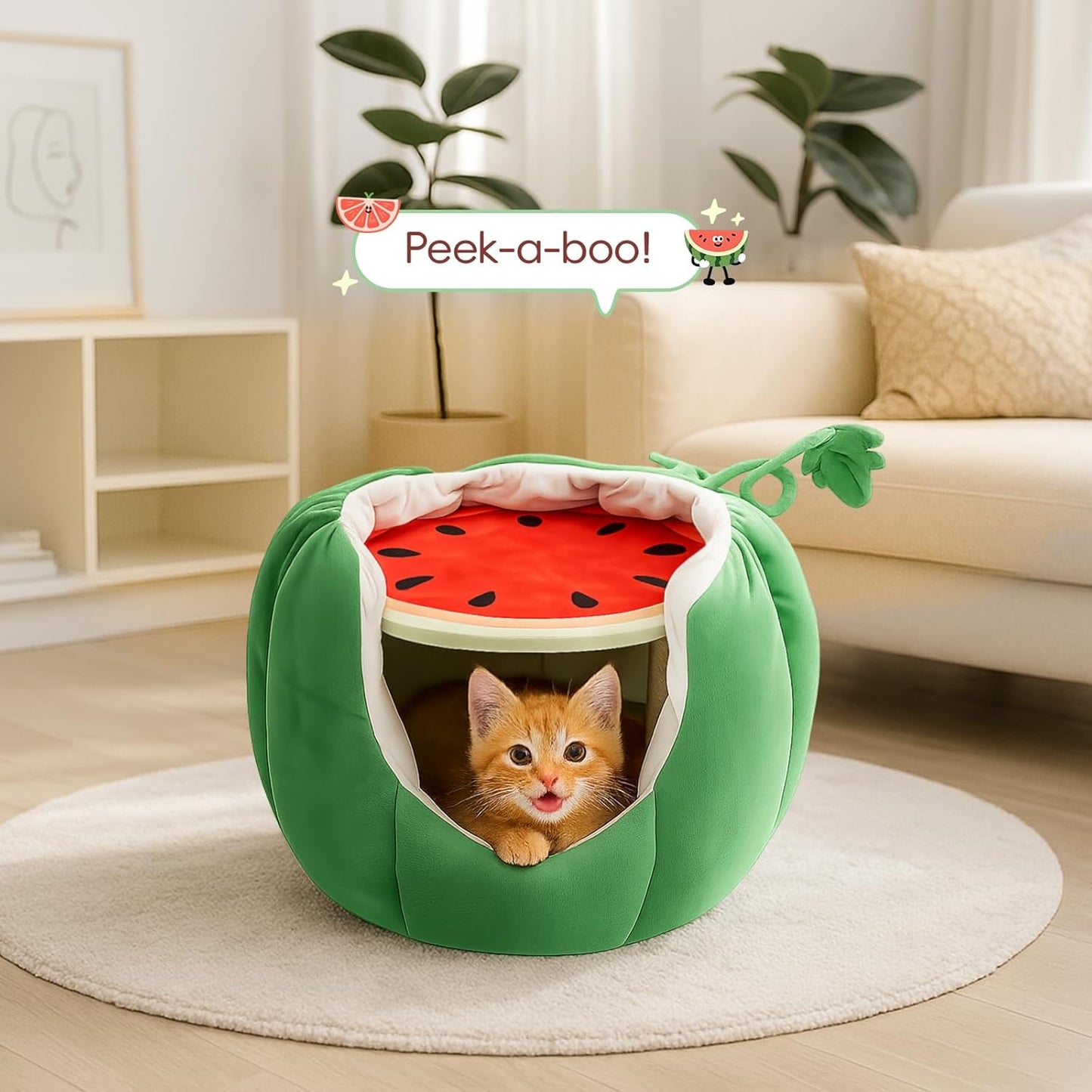 Cat Houses for Indoor Cats, Small Cat Tree with Sisal Ropes and Plush Perch, Cute Cat Bed Cave with Soft Pillow, Watermelon Design - Pet Explorer
