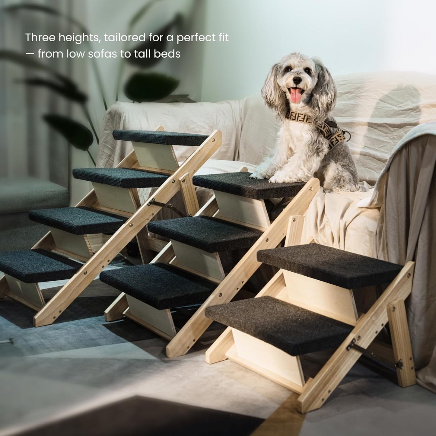 MEWANG Wood Pet Stairs & Ramp for Small/Medium Dogs and Cats, Aging Pets – 3-in-1 Foldable, Portable, Non-Slip Pet Ladder for Tall Beds, Couches,Cars–Holds Up to 220 lbs (31.5" L x 17.2" W x 25.0" H) - Pet Explorer