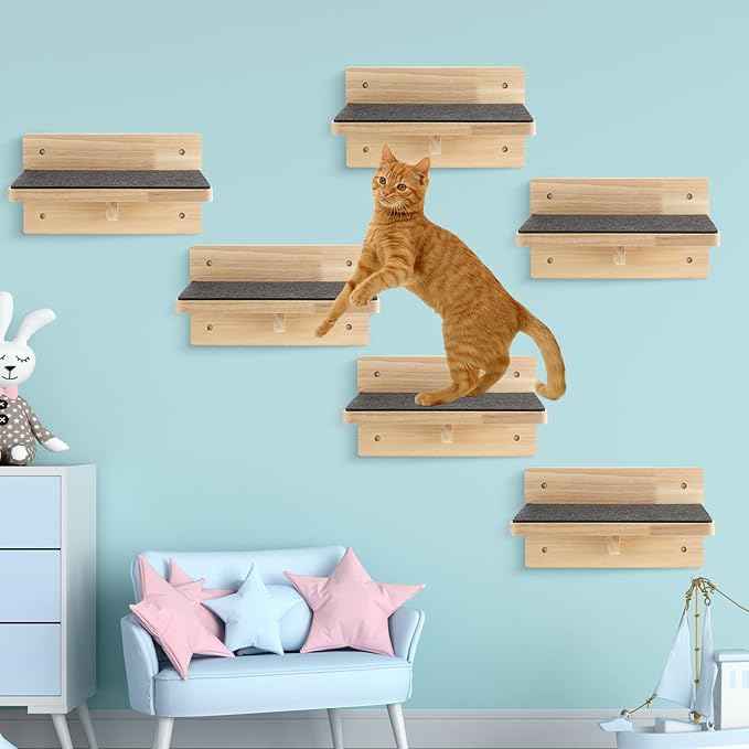 Lenwen Set of 6 Cat Wall Steps Shelf Shelves Wood Cat Climbing Shelves for Cats Mounted Furniture Cats Wall Bed Wood Stairs with Non Slip Felt for Springboard Playing (Classic)