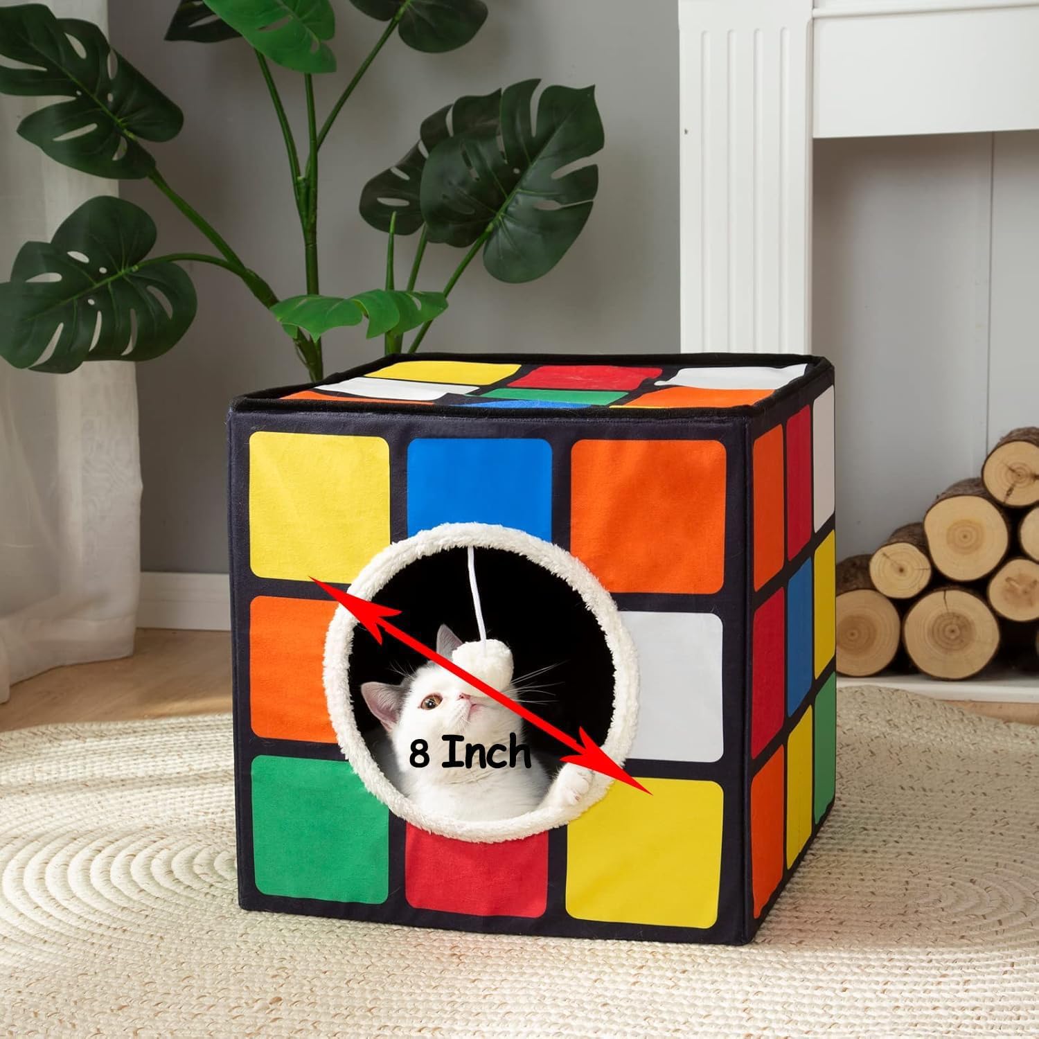 LUCKITTY Cat Condo House with Reversible Cushions and Fluffy Ball Hanging, Foldable Magic Cube, Large Cave Bed for Indoor Cats, Unique Puzzle Shape 15.7“ x 15.7" x 13.4” - Pet Explorer