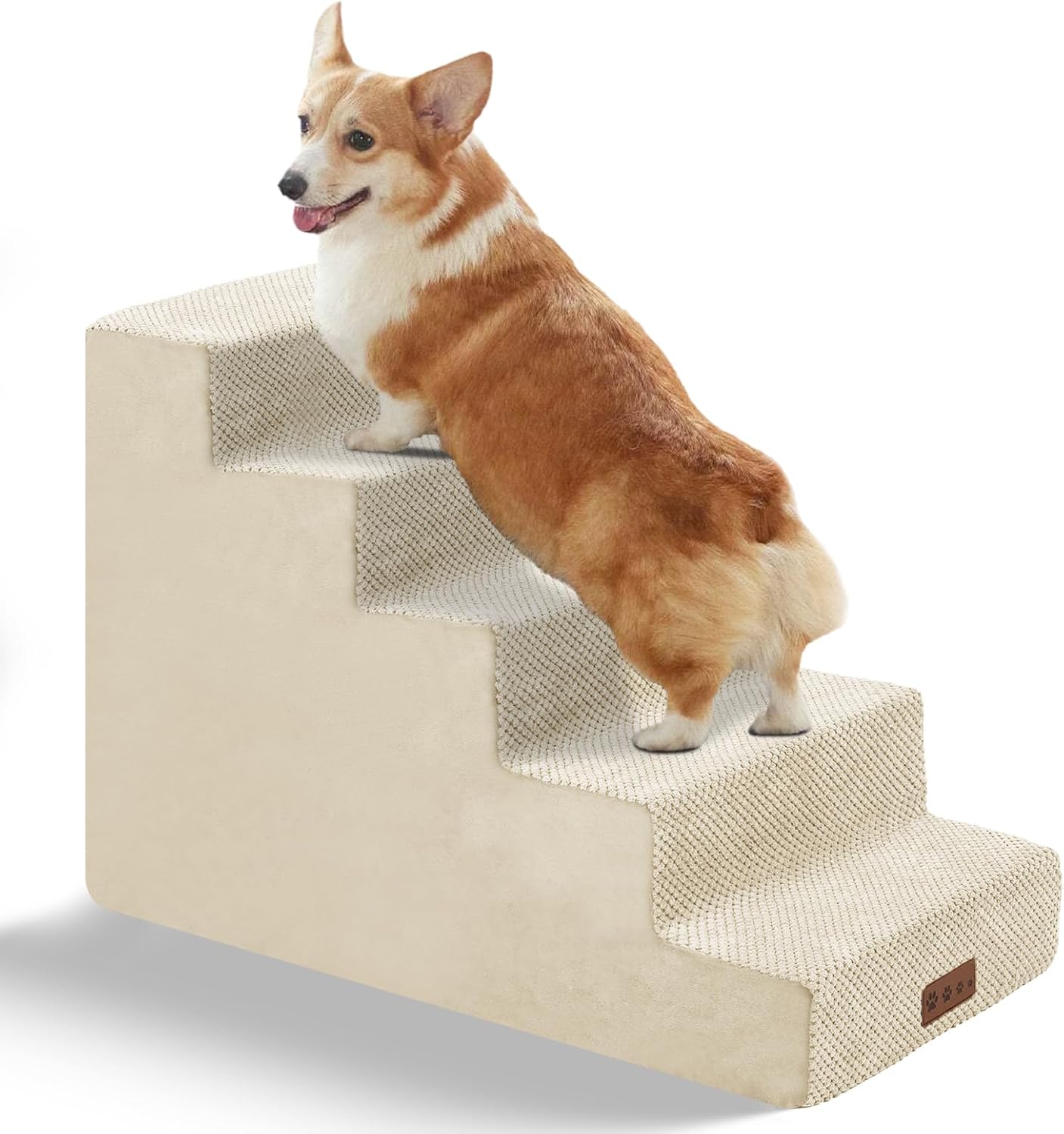 GGIB Dog Stairs for Small Dogs Pet Stairs for Sofa Couch Dog Ramp Pet Steps with Removable Washable Cover, Beige, 22" H, 5-Step - Pet Explorer