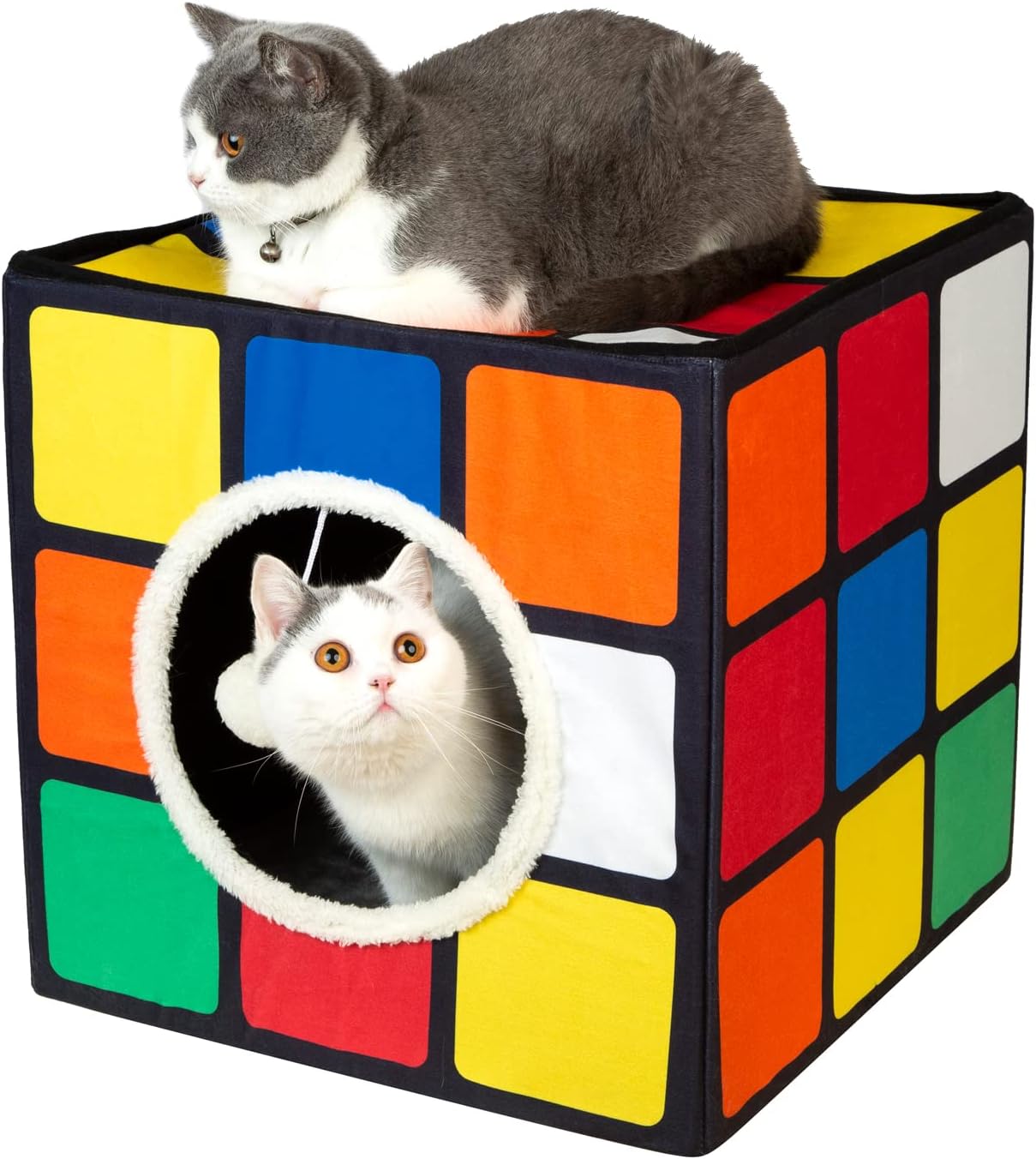 LUCKITTY Cat Condo House with Reversible Cushions and Fluffy Ball Hanging, Foldable Magic Cube, Large Cave Bed for Indoor Cats, Unique Puzzle Shape Lagre 16.5“ x 16.5" x 16.5” - Pet Explorer
