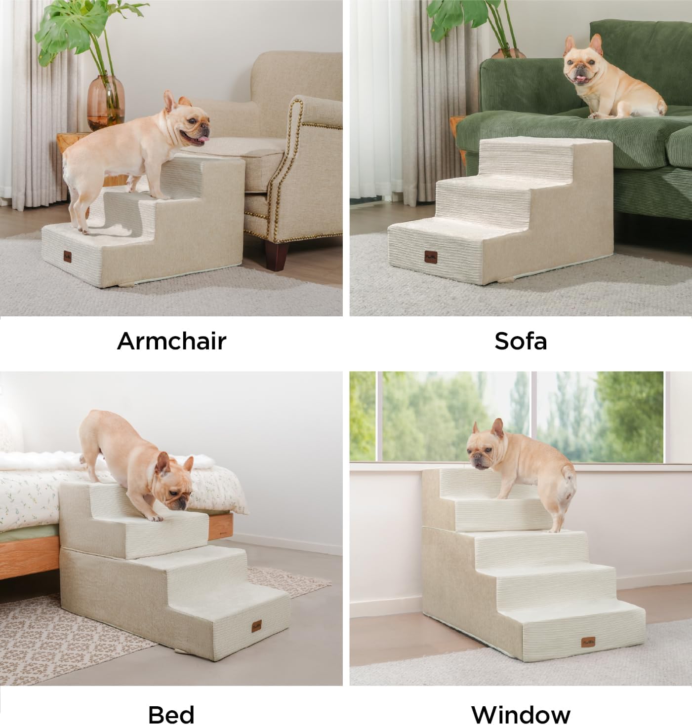 Made4Pets Dog Steps for Bed, Extra Wide Dog Stairs for High Bed Couch Sofa, 35D Foam Pet Steps for Small Dogs and Cats, Non-Slip Bottom Pet Stairs, Beige, 4 Steps - Pet Explorer