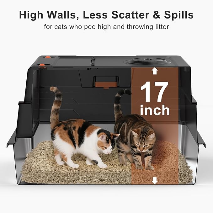 Extra Large Enclosed Stainless Steel Cat Litter Box with Lid - XXXL Giant Metal Enclosed High Sides Litter Boxes for Multi-Cat Households and Overweight Cats - Black