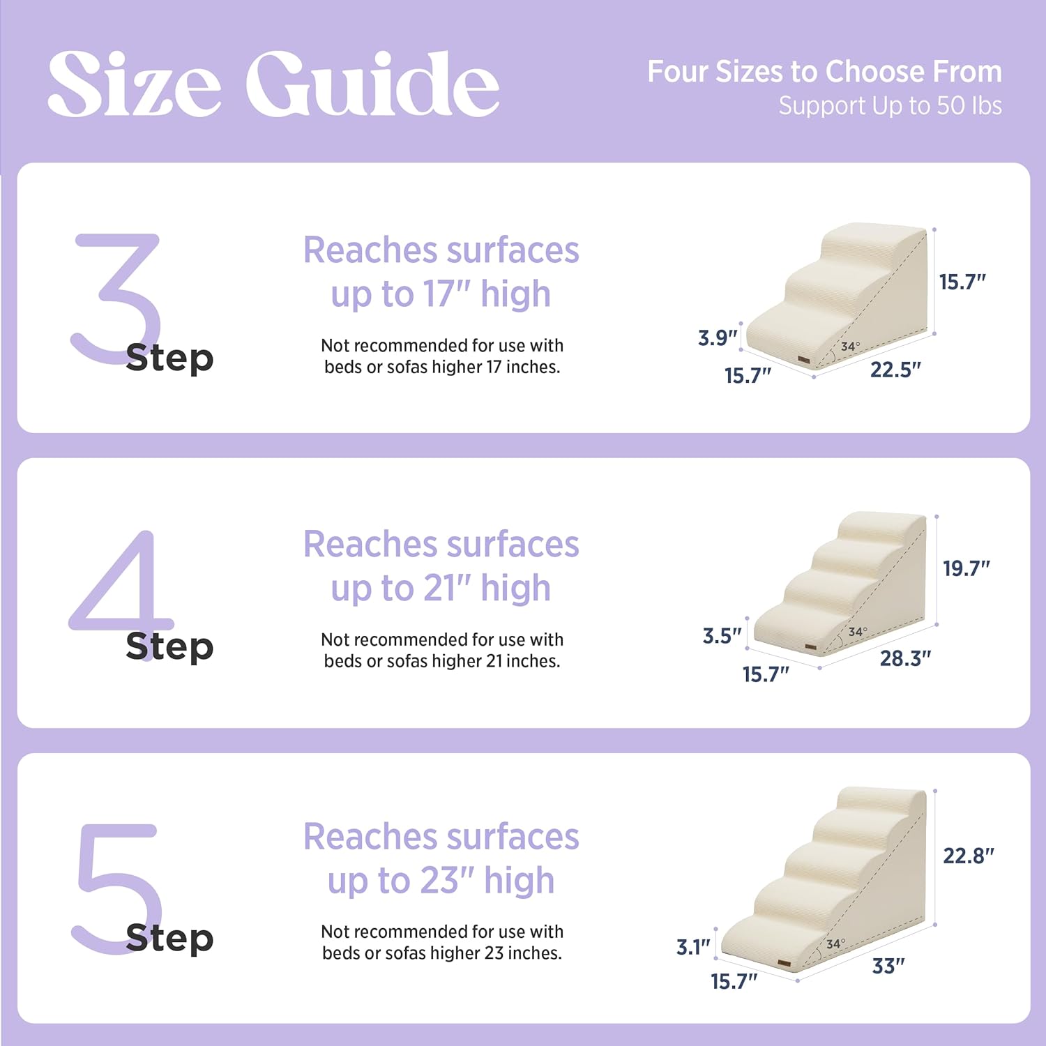 Lesure Dog Stairs for Small Dogs and Cats Pet Steps Ramp for Bed and Couch with CertiPUR-US Certified Foam with Non-Slip Bottom, Beige, 3 Steps - Pet Explorer