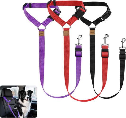3 Pack Dog Seat Belt for Car, Car Headrest Restraint Adjustable Nylon Fabric, Dog Restraints Vehicle Seatbelts Harness (Black & Red & Purple) - Pet Explorer
