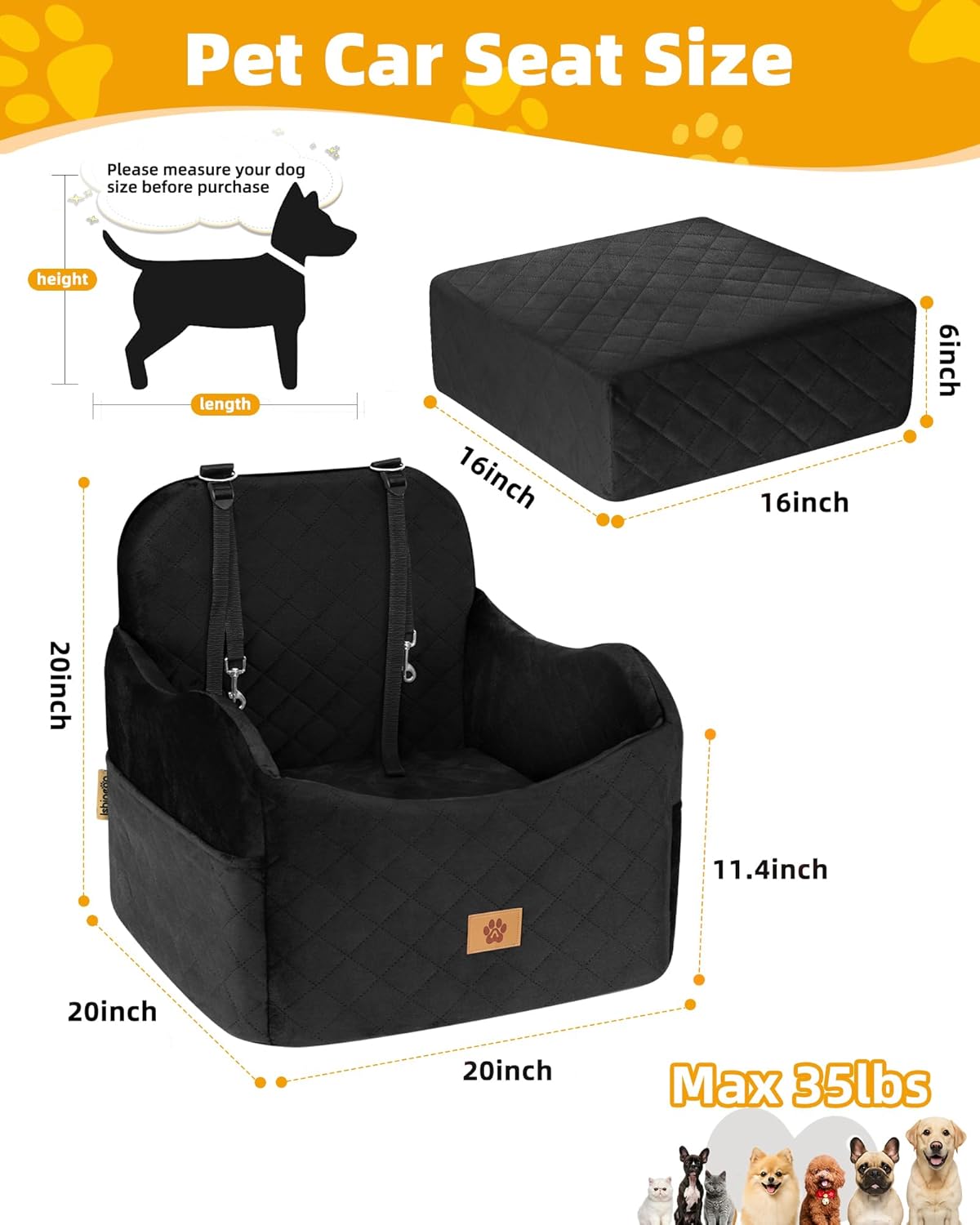 Car Seat Booster for Dog: High-Support Memory Foam Pet Car Seat for Small/Medium Dogs Under 35lbs with Elevated Cushion - Detachable Washable Puppy Travel Bed for Driving with Pockets (Black) - Pet Explorer