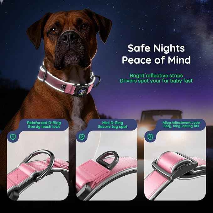 WhoseID Premium Leather Dog Collar - AirTag Dog Collar | Fur-Safe Magnetic Buckle | IPX8 Waterproof Reflective Small Dog Collar with AirTag Holder