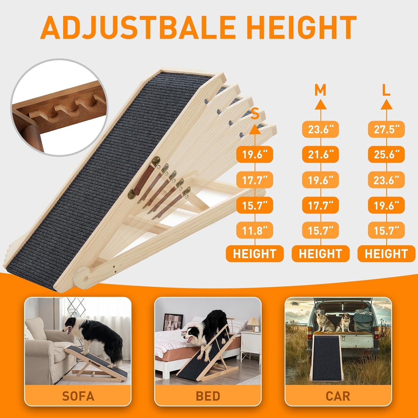 Dog Ramp for Bed Couch - Pet Steps Stairs to Get on Bed Couch 11.8"-19.6" High for Small or Large Dog Up to 200 lbs, Adjustable Wooden Dog Ramp Steps Foldable Portable, Anti-Slip Carpet (Natural) - Pet Explorer