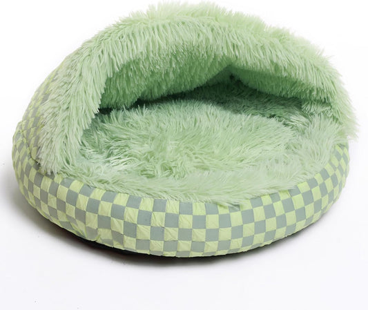 Cat Bed Hooded Plush Nest with Self-Warming Cozy Cave, Calming Anti-Anxiety Pet Bed for Indoor Cats & Small Dogs, Removable Washable Cover & Waterproof Bottom - Green - Pet Explorer