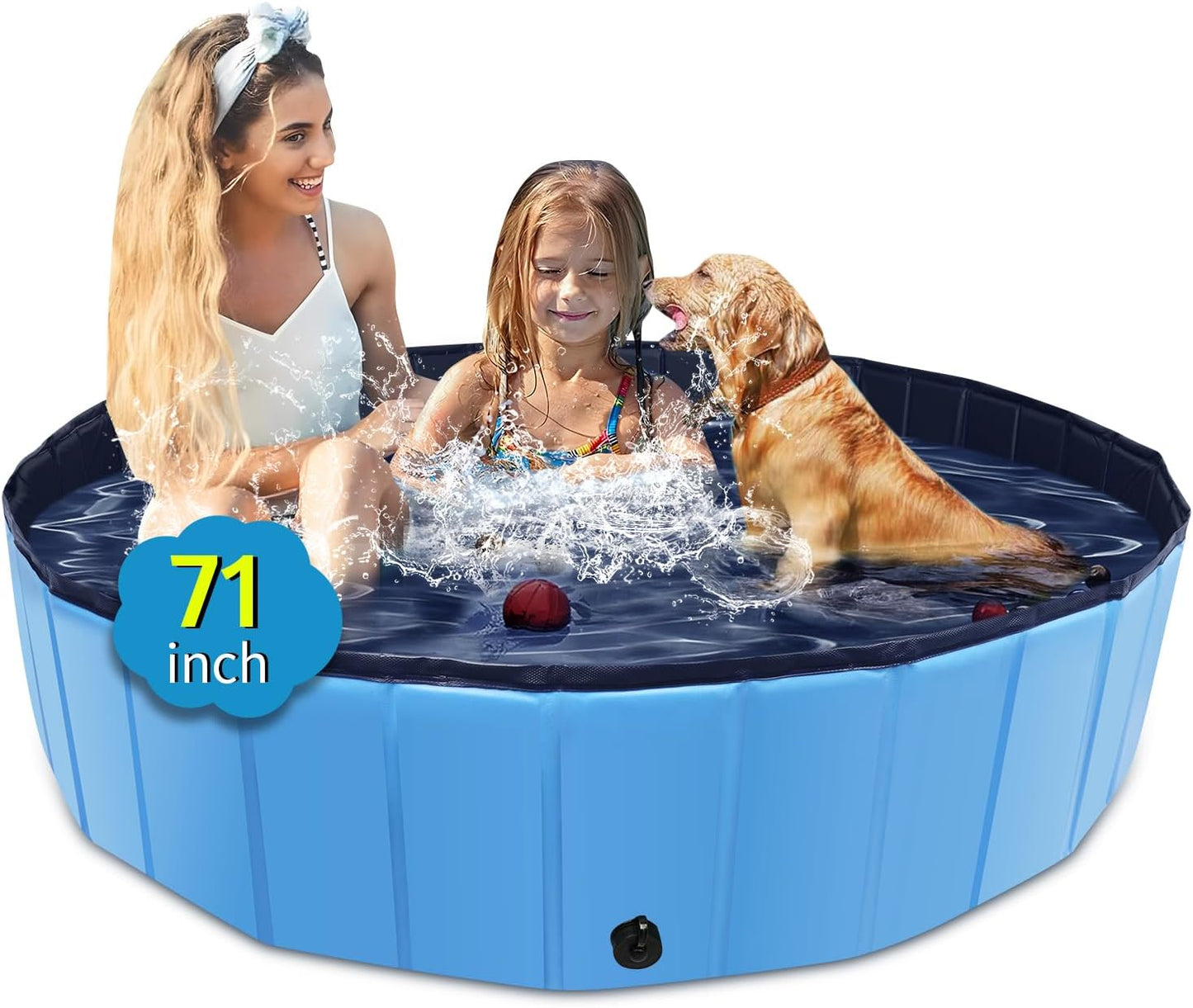 Foldable Dog Pool, 71" x 12" Large Kiddie Pool with Hard Plastic, Non-Slip Dog Bath Tub for Outdoor Backyard, Collapsible Dog Swimming Pool for Kids Dogs Pets (Blue) - Pet Explorer