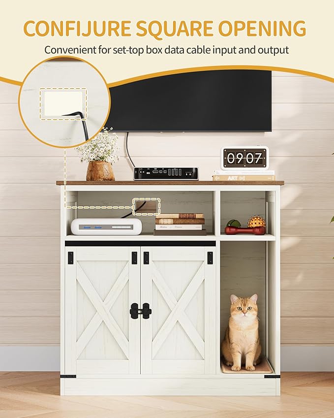 Cat Litter Box Enclosure, Hidden Litter Box Furniture with Storage, Wooden Cat Cabinet with Scratch Pad, Farmhouse Cats House, TV Stand End Table, Rustic Brown and White CB87514X