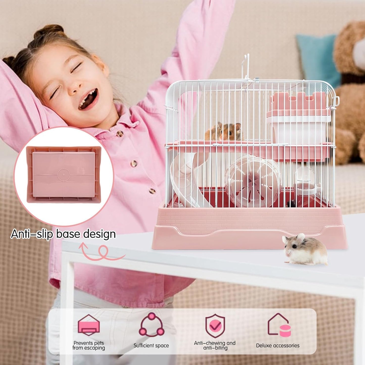 PINVNBY 2-Tier Dwarf Hamster Cage, Travel Portable Mouse Cage Gerbil Cages and Habitats Small Animal Carrier with Castle House Running Exercise Wheels, Water Bottle and Food Dis - Pet Explorer