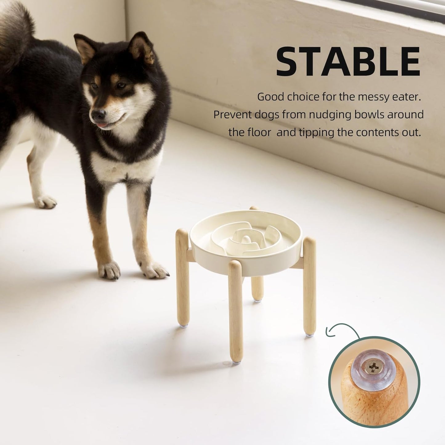 8.2inch Ceramic Raised Slow Feeder Dog Bowl Set, Elevated Wooden Stand for Large and Medium Dog, Puzzle Slow Dish, Anti-Gulping(Beige, Single Bowl+ Stand) - Pet Explorer