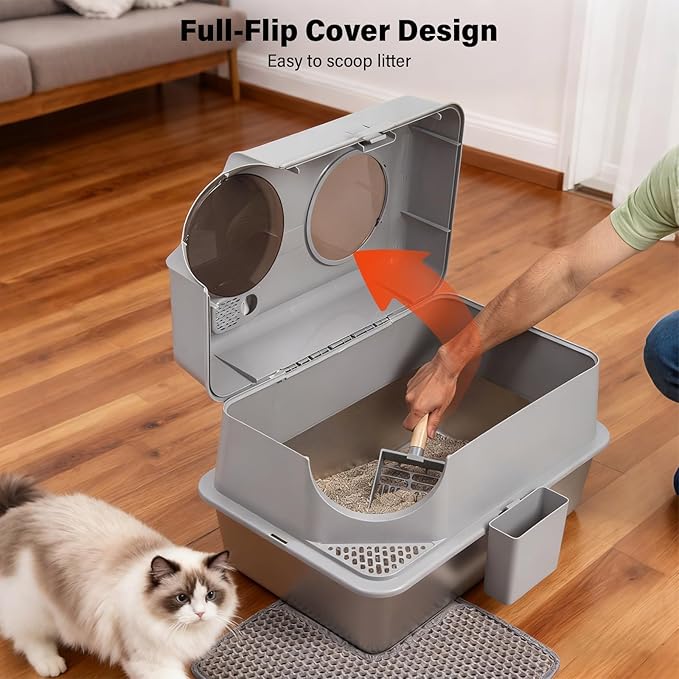 Stainless Steel Litter Box with Lid, XL Extra Large Enclosed Cat Litter Boxes for Big Cats, Front & Top Entry Metal Cat Litter Box with Litter Scoop & Litter Mat, Odor Free, Anti-Leakage