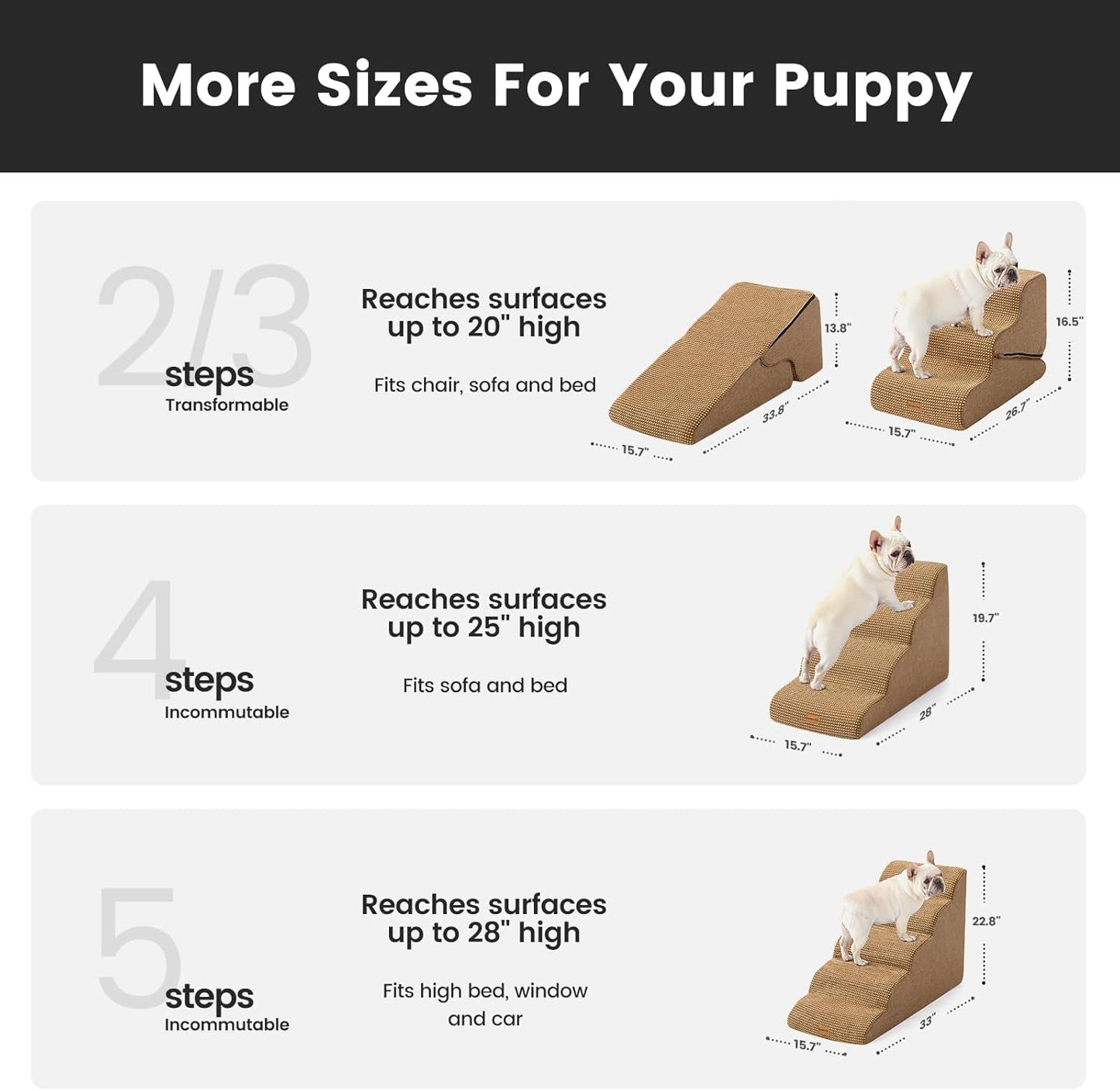 Gardner Pet Dog Stairs for Small Dogs 19.7" H, 4-Step Brown Curved Pet Stairs, Dog Steps for High Bed (18-24 in), Couch with Durable Non-Slip Waterproof Fabric Cover and CertiPUR-US Certified Foam - Pet Explorer