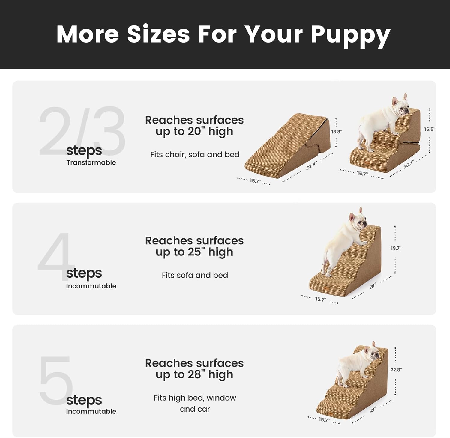 Gardner Pet Dog Stairs for Small Dogs 19.7" H, 4-Step Brown Curved Pet Stairs, Dog Steps for High Bed (18-24 in), Couch with Durable Non-Slip Waterproof Fabric Cover and CertiPUR-US Certified Foam - Pet Explorer