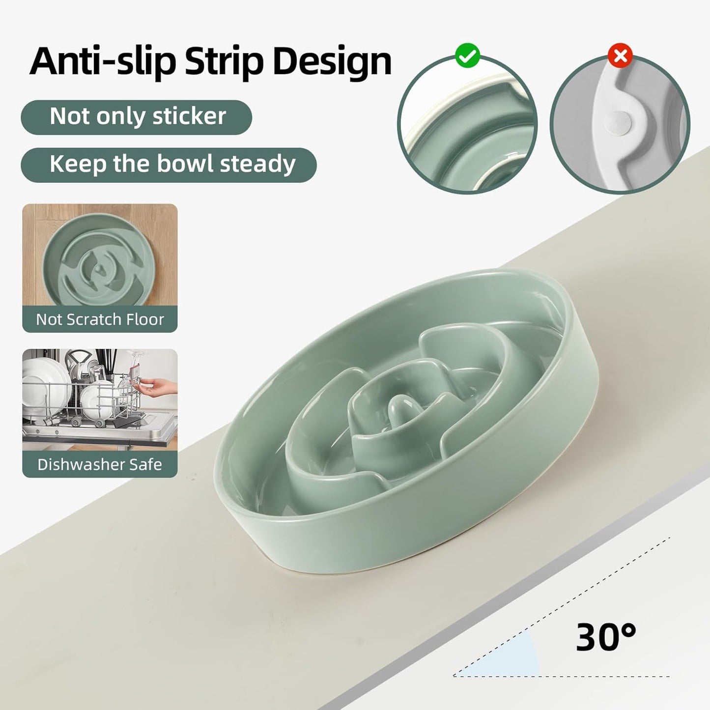 7.3inch Ceramic Raised Slow Feeder Dog Bowl Set, Elevated Wooden Stand for Medium and Small Dog, Puzzle Slow Dish, Preventing Choking(Light Green, Single Bowl+ Stand) - Pet Explorer