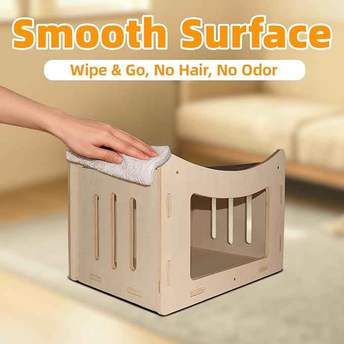 Cute Cat Head Wooden Indoor Cat House, Double Decker Cat Shelter with Elevated Soft Canvas Upper Bed, Multi-Level Pet Condo for Cats & Rabbits