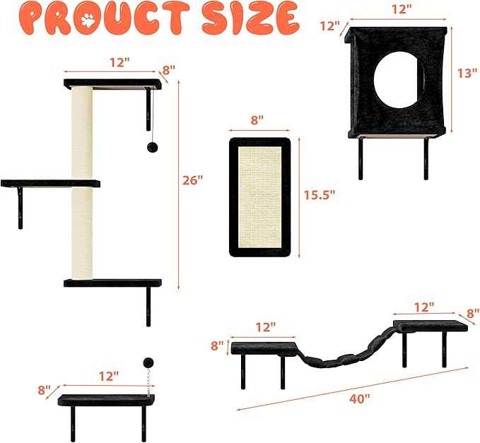 NUNU LAB Wall Mounted Cat Wall Shelves, 10-in-1 Cat Wall Climber with Kitten House, Bridge, Steps, Scratcher, Indoor Space-Saving Furniture for Kittens Play, Black