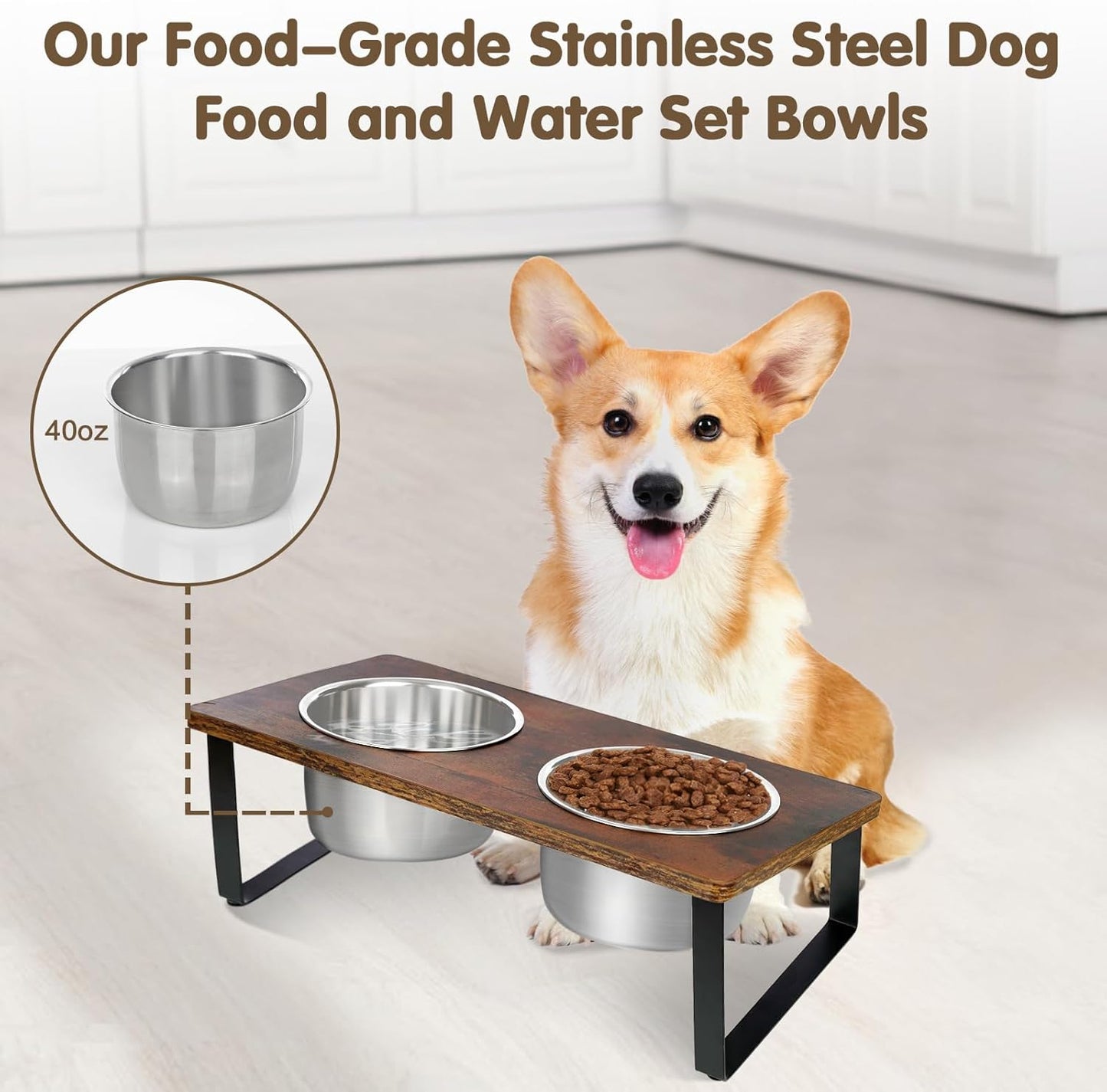 Elevated Dog Bowls for Small Medium Wood Dogs Raised Bowl Stand with 2 Stainless Steel Deep Dog Food and Water Bowls, Anti Vomit, Non-Slip Feeding Dishes(Tilted，3 inches in Height, 40oz - Pet Explorer