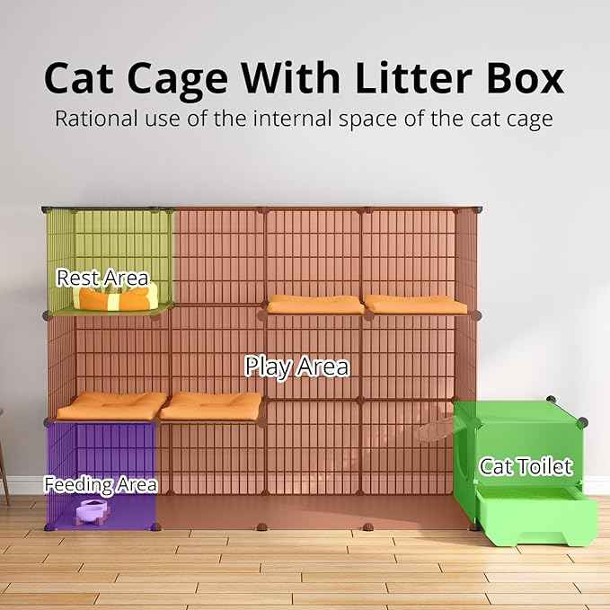 Oneluck Cat Cage with Litter Box,4-Tier DIY Enclosures Large Playpen Detachable Metal Wire Kennel Indoor Crate Large Exercise Place Ideal for 1-2 Cats (55.1" L x 17.8" W x 41.3" H)