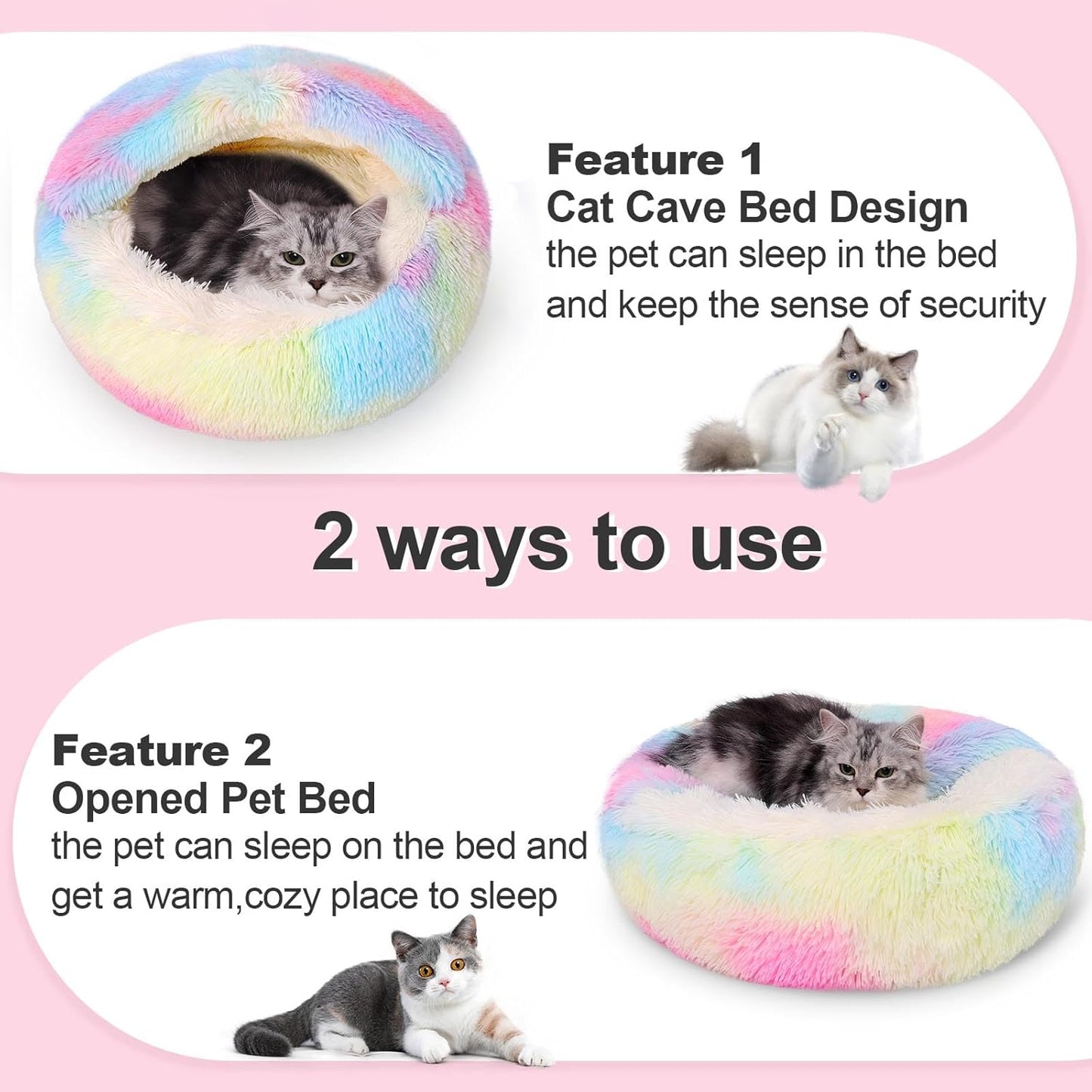 Calming Dog Beds & Cat Cave Bed with Hooded Cover,Removable Washable Round Beds for Small Medium Pets,Anti-Slip Faux Fur Fluffy Coved Bed for Improved Sleep,Fits up to 15/25 lbs(Colorful,S) - Pet Explorer