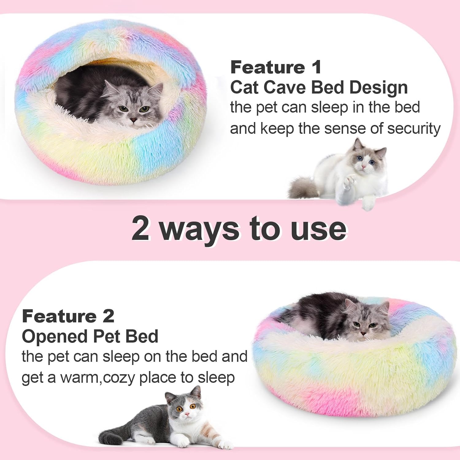 Calming Dog Beds & Cat Cave Bed with Hooded Cover,Removable Washable Round Beds for Small Medium Pets,Anti-Slip Faux Fur Fluffy Coved Bed for Improved Sleep,Fits up to 15/25 lbs(Colorful,M) - Pet Explorer