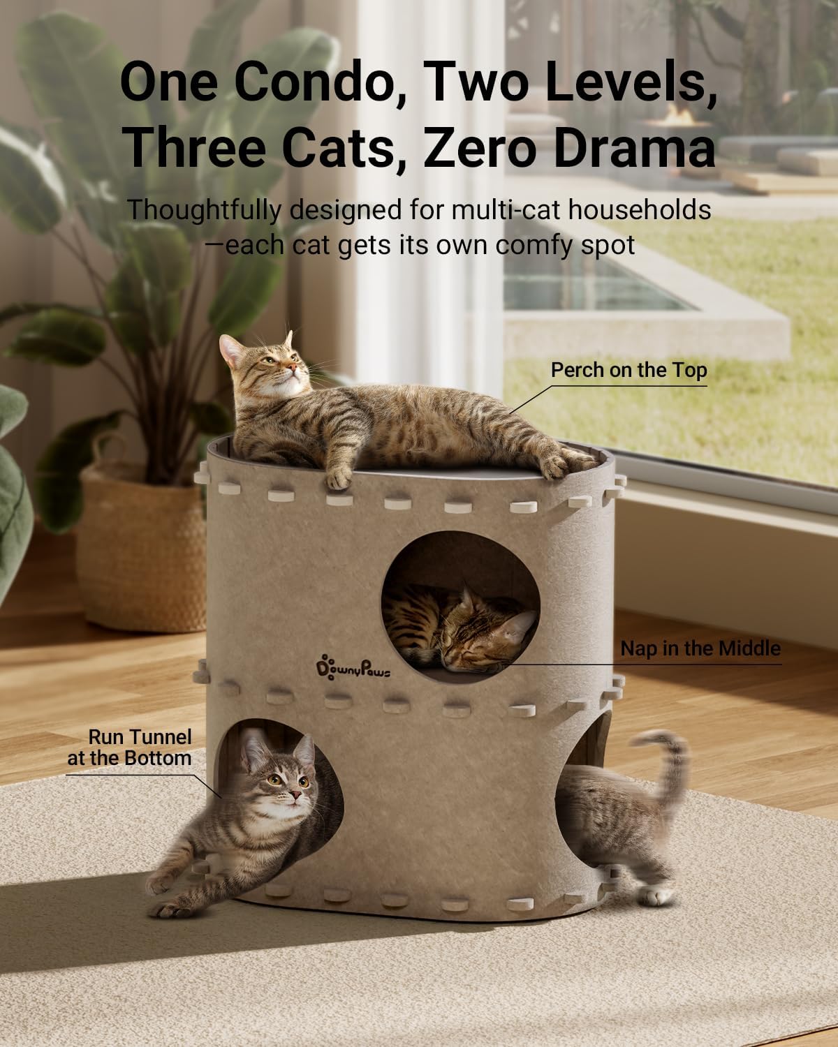 DownyPaws Cat House for Indoor Cats, 2-Storey Foldable Cat Bed Cave, Felt Cats Tunnel Bed Condo, Castle Kitten Cube Hideaway for Multicats, Scratch Resistant, Cream - Pet Explorer