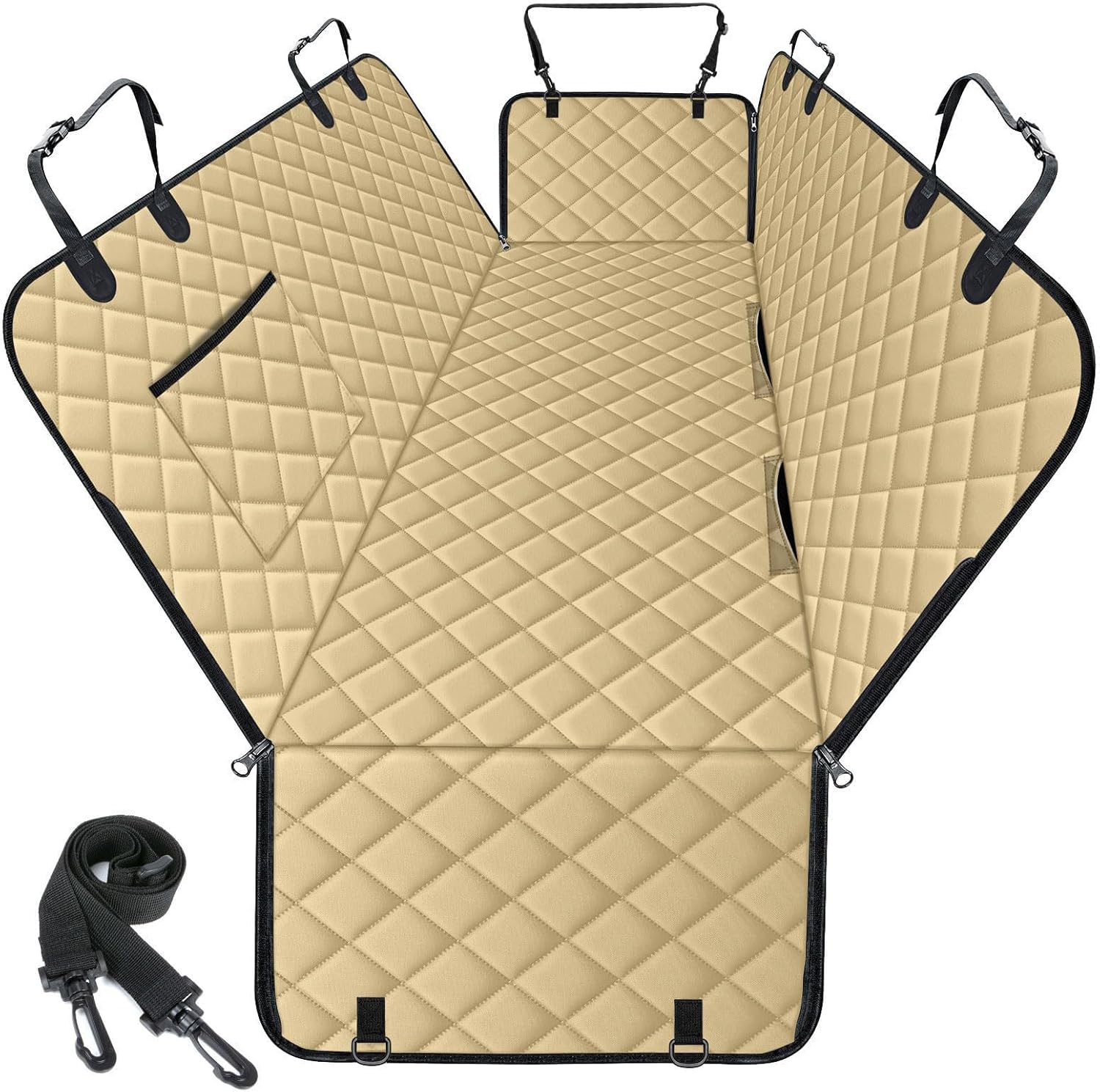 Waterproof Dog Car Seat Cover for Back Seat - Durable, Scratch Proof Pet Hammock with Nonslip Design & Storage Pockets, Fits Cars, SUVs, Trucks - L, Khaki/Black - Pet Explorer