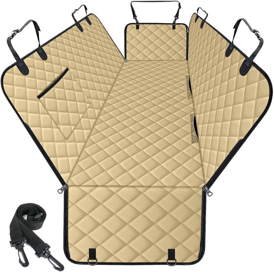 Waterproof Dog Car Seat Cover for Back Seat - Durable, Scratch Proof Pet Hammock with Nonslip Design & Storage Pockets, Fits Cars, SUVs, Trucks - L, Khaki/Black - Pet Explorer