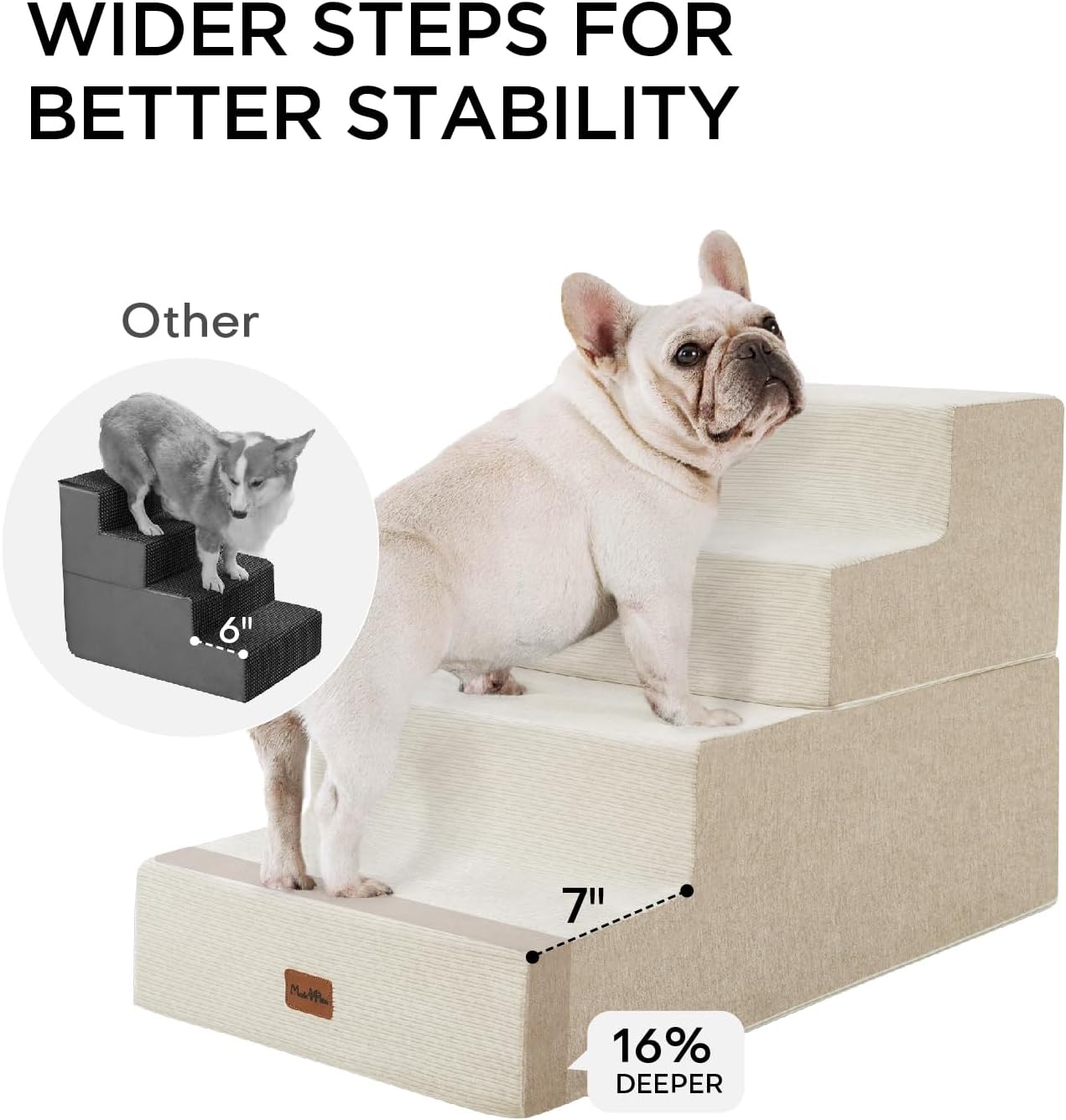 Made4Pets Dog Steps for Bed, Extra Wide Dog Stairs for High Bed Couch Sofa, 35D Foam Pet Steps for Small Dogs and Cats, Non-Slip Bottom Pet Stairs, Beige, 4 Steps - Pet Explorer